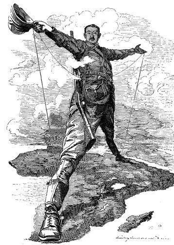 Kolos Rodyjski kroczy z Kapsztadu do Kairu, karykatura z 1892 r. zamieszczona w brytyjskim tygodniku “Punch” 10.12.1892, s. 266